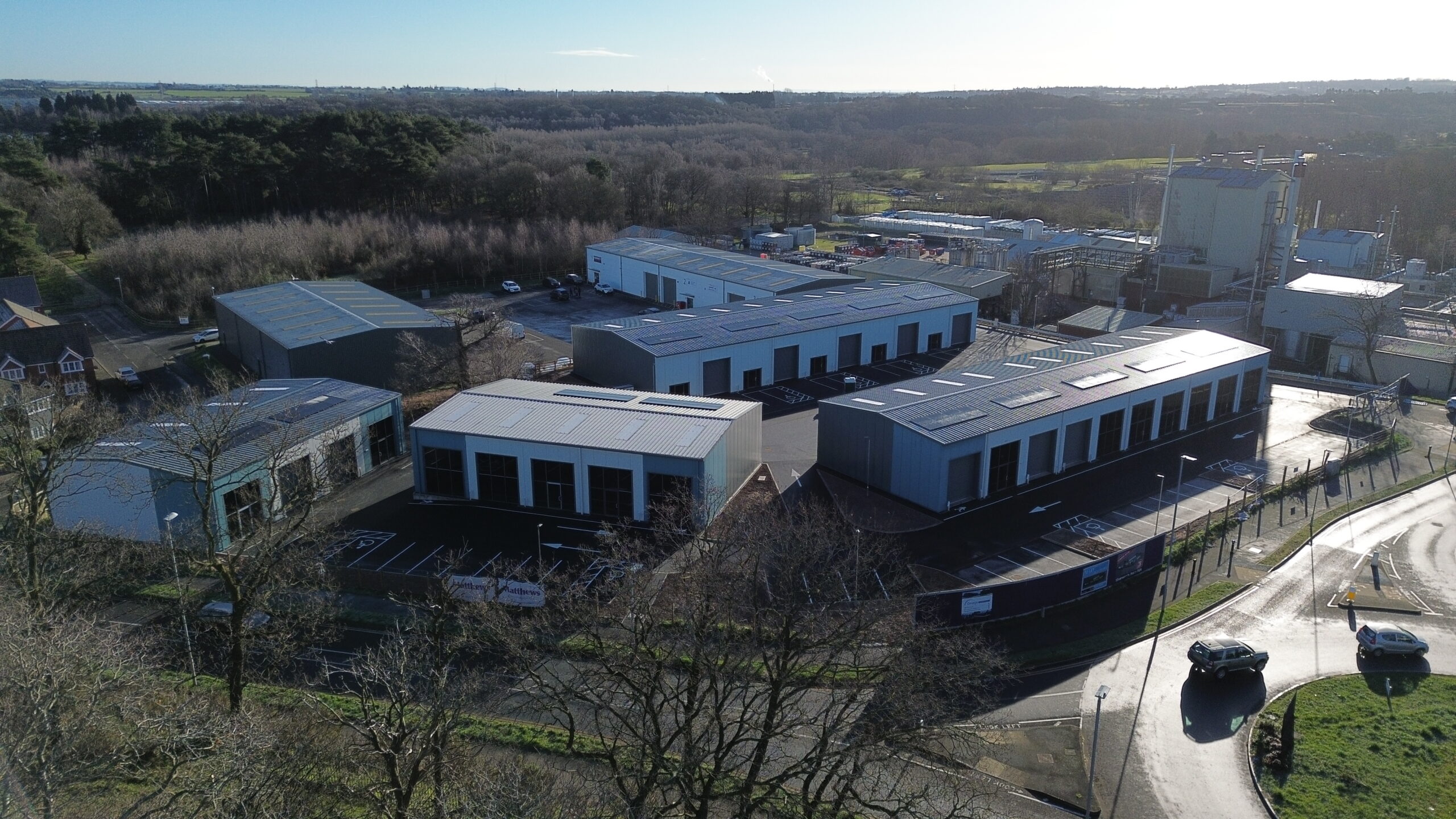 Employment buildings at Silverwoods Way with photovoltaic panels on the roofs